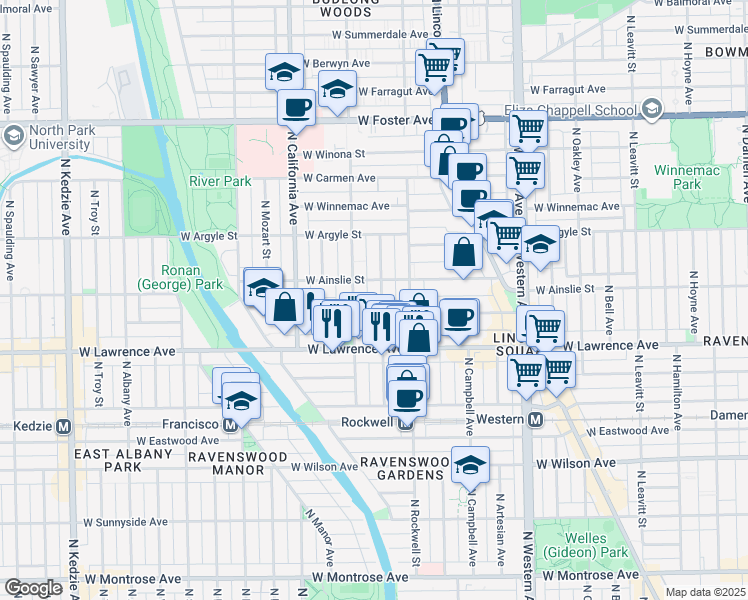 map of restaurants, bars, coffee shops, grocery stores, and more near 4851 North Washtenaw Avenue in Chicago