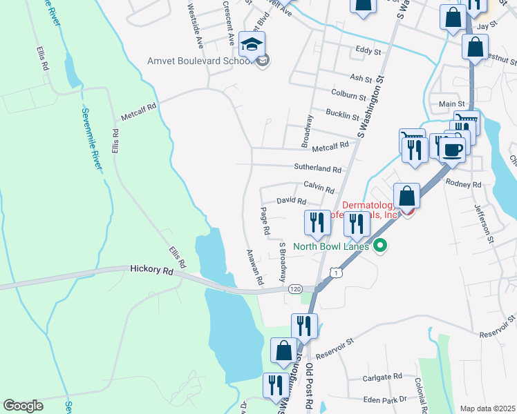 map of restaurants, bars, coffee shops, grocery stores, and more near 23 Page Road in North Attleborough