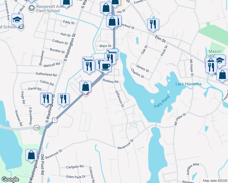 map of restaurants, bars, coffee shops, grocery stores, and more near 41 Coral Road in North Attleborough