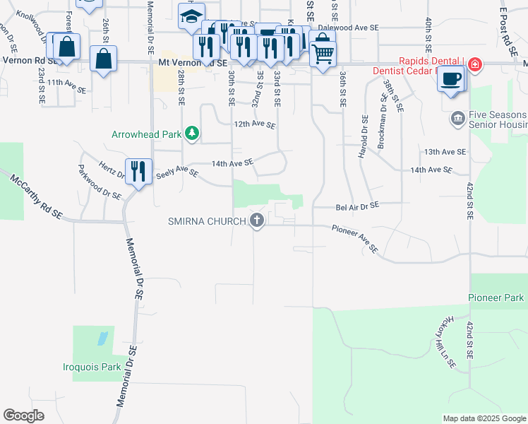 map of restaurants, bars, coffee shops, grocery stores, and more near 1520 Oak Ridge Lane Southeast in Cedar Rapids