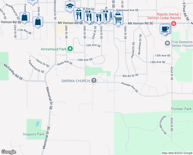 map of restaurants, bars, coffee shops, grocery stores, and more near 1520 Oak Ridge Lane Southeast in Cedar Rapids