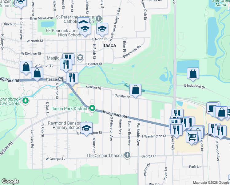 map of restaurants, bars, coffee shops, grocery stores, and more near 605 Schiller Street in Itasca
