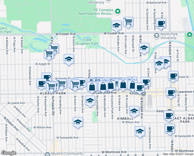 map of restaurants, bars, coffee shops, grocery stores, and more near N Lawndale Ave & W Ainslie St in Chicago