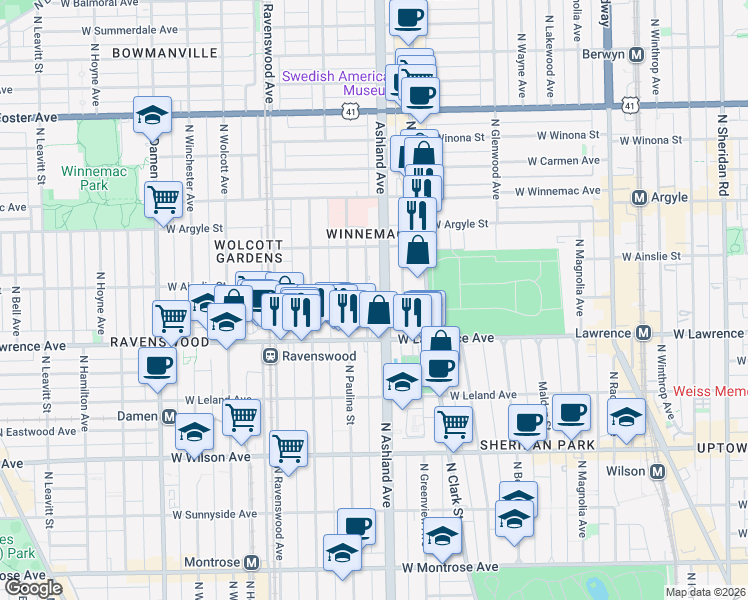 map of restaurants, bars, coffee shops, grocery stores, and more near 4840 North Ashland Avenue in Chicago