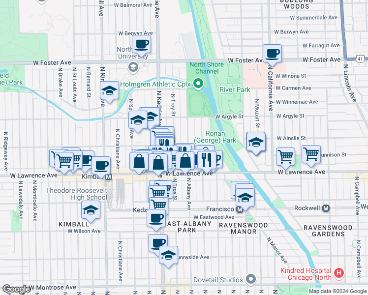map of restaurants, bars, coffee shops, grocery stores, and more near 3109 West Ainslie Street in Chicago
