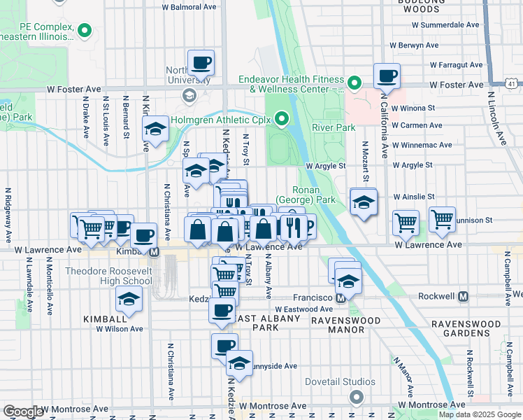 map of restaurants, bars, coffee shops, grocery stores, and more near 4856 North Albany Avenue in Chicago