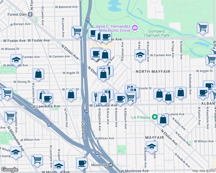 map of restaurants, bars, coffee shops, grocery stores, and more near 4938 North Elston Avenue in Chicago
