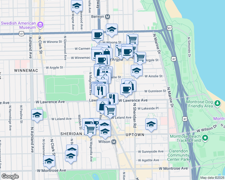 map of restaurants, bars, coffee shops, grocery stores, and more near 4834 North Winthrop Avenue in Chicago