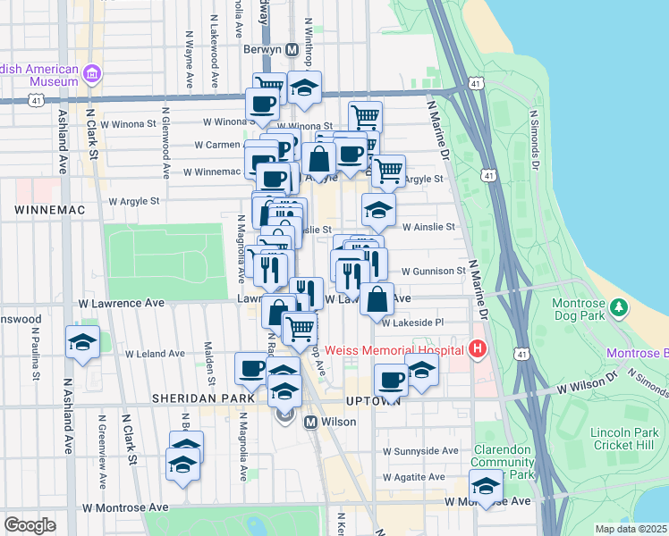 map of restaurants, bars, coffee shops, grocery stores, and more near 4829 North Winthrop Avenue in Chicago