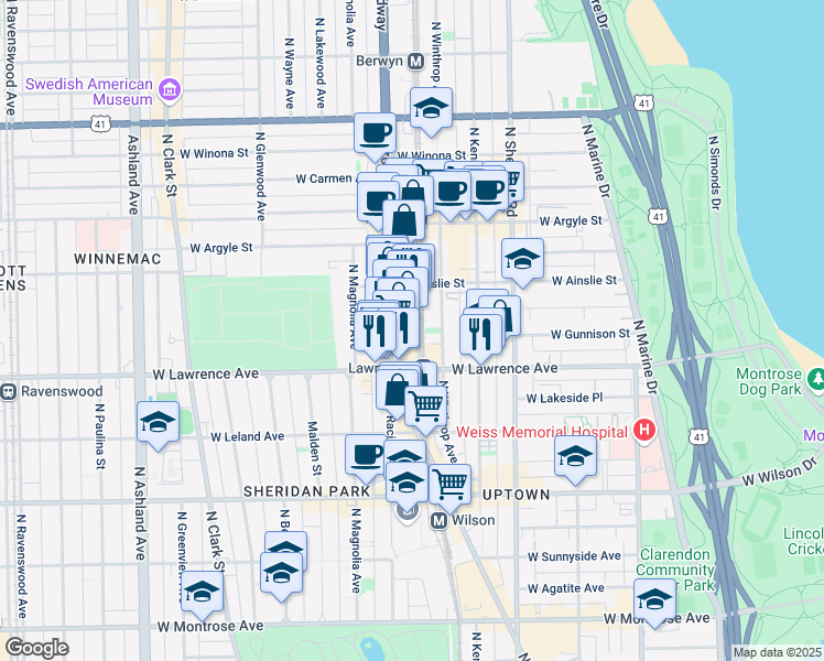 map of restaurants, bars, coffee shops, grocery stores, and more near 4837 North Broadway in Chicago