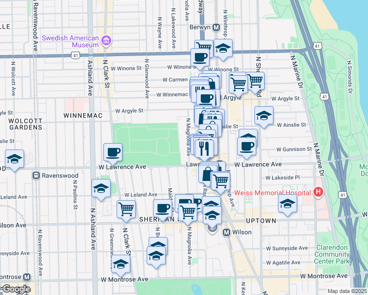 map of restaurants, bars, coffee shops, grocery stores, and more near 4838 North Magnolia Avenue in Chicago