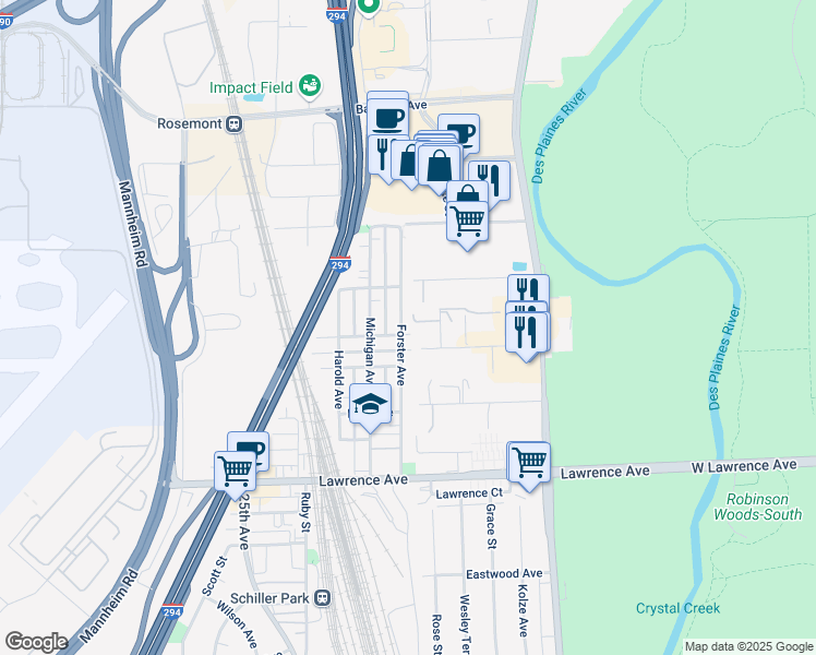 map of restaurants, bars, coffee shops, grocery stores, and more near 5015 Forster Avenue in Schiller Park