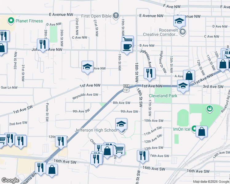 map of restaurants, bars, coffee shops, grocery stores, and more near 1904 Williams Boulevard Southwest in Cedar Rapids