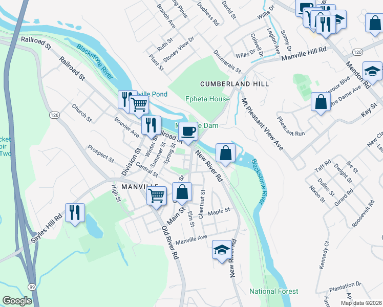 map of restaurants, bars, coffee shops, grocery stores, and more near 30 Main Street in Lincoln