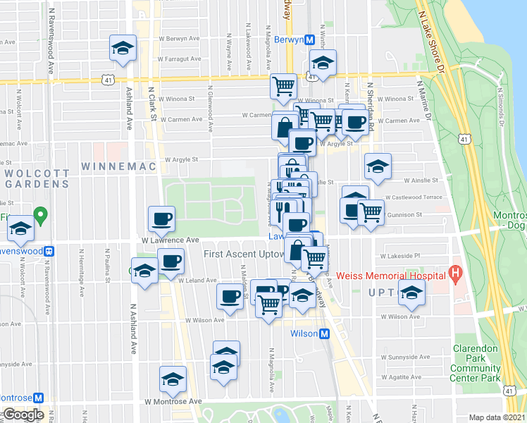 map of restaurants, bars, coffee shops, grocery stores, and more near 4832 North Magnolia Avenue in Chicago