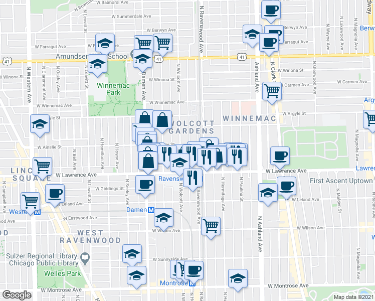 map of restaurants, bars, coffee shops, grocery stores, and more near 1804 West Lawrence Avenue in Chicago