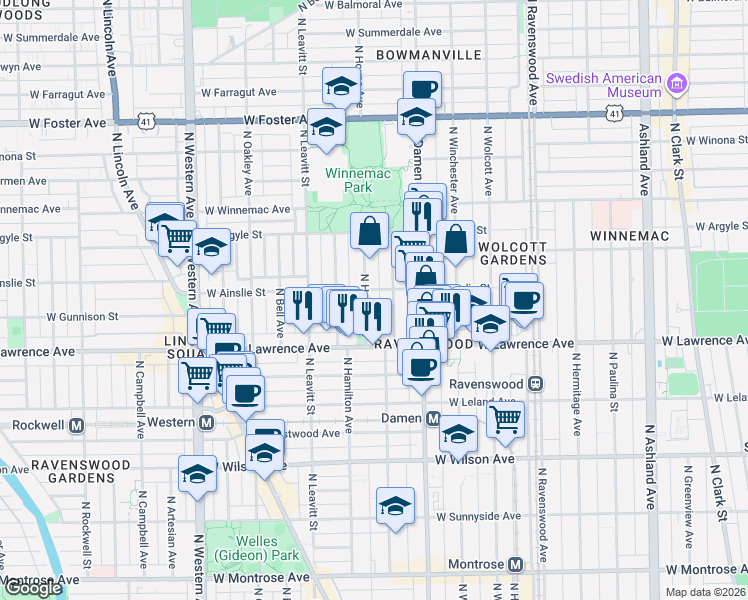 map of restaurants, bars, coffee shops, grocery stores, and more near 4842 North Seeley Avenue in Chicago