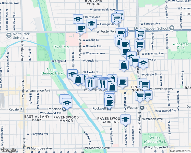 map of restaurants, bars, coffee shops, grocery stores, and more near 4851 North Washtenaw Avenue in Chicago