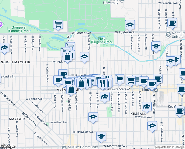 map of restaurants, bars, coffee shops, grocery stores, and more near 4856 North Avers Avenue in Chicago