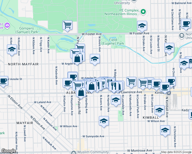 map of restaurants, bars, coffee shops, grocery stores, and more near 4856 North Avers Avenue in Chicago