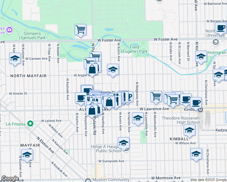 map of restaurants, bars, coffee shops, grocery stores, and more near 4856 North Springfield Avenue in Chicago