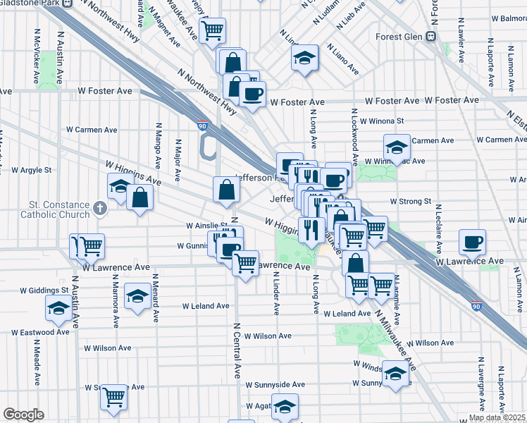 map of restaurants, bars, coffee shops, grocery stores, and more near 5541 West Higgins Avenue in Chicago