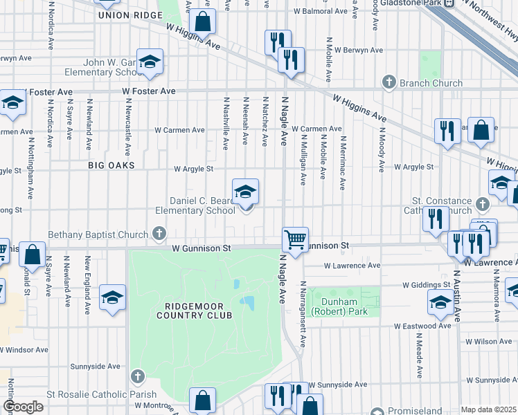 map of restaurants, bars, coffee shops, grocery stores, and more near 4855 North Natchez Avenue in Chicago