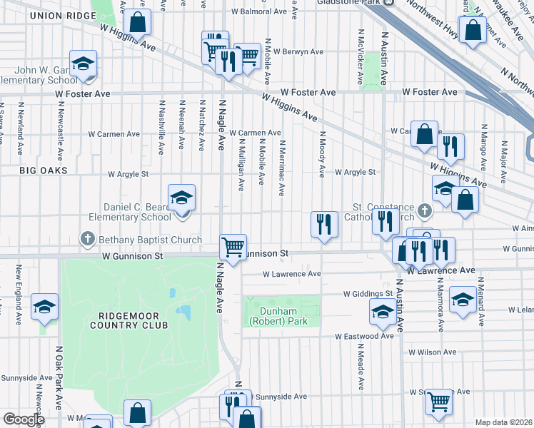 map of restaurants, bars, coffee shops, grocery stores, and more near 4850 North Merrimac Avenue in Chicago