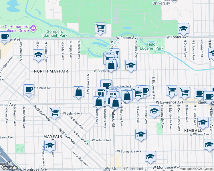 map of restaurants, bars, coffee shops, grocery stores, and more near 4012 West Ainslie Street in Chicago