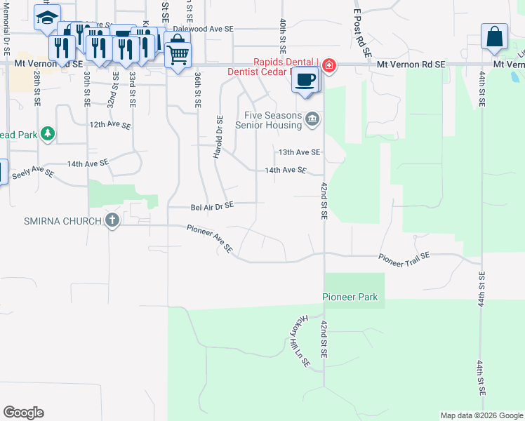 map of restaurants, bars, coffee shops, grocery stores, and more near 1448 38th Street Southeast in Cedar Rapids