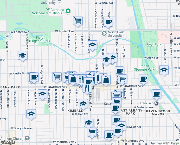 map of restaurants, bars, coffee shops, grocery stores, and more near N Kimball Ave & W Ainslie St in Chicago