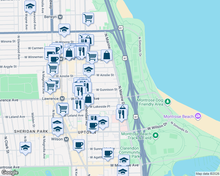 map of restaurants, bars, coffee shops, grocery stores, and more near 828 West Gunnison Street in Chicago