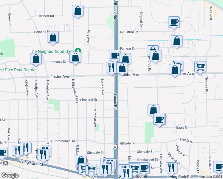 map of restaurants, bars, coffee shops, grocery stores, and more near 1205 Nordic Street in Bensenville