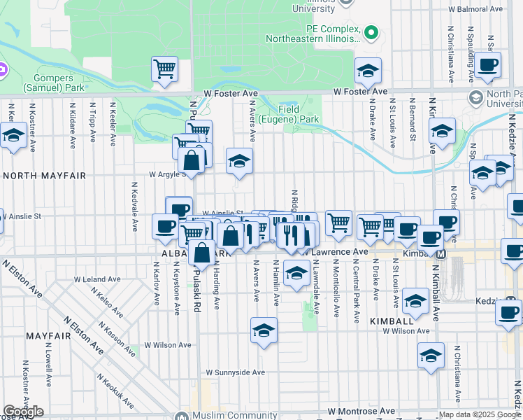 map of restaurants, bars, coffee shops, grocery stores, and more near 4856 North Avers Avenue in Chicago