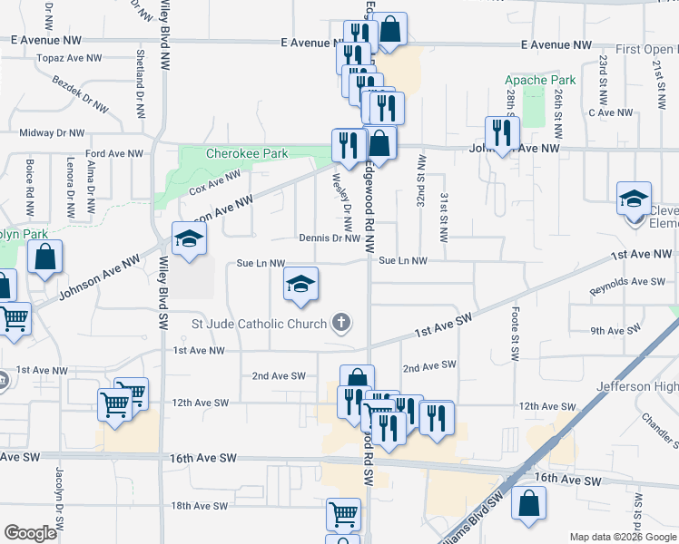 map of restaurants, bars, coffee shops, grocery stores, and more near 3425 Sue Lane Northwest in Cedar Rapids