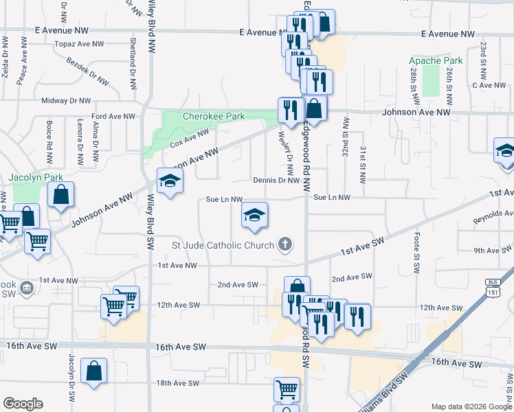 map of restaurants, bars, coffee shops, grocery stores, and more near 3611 Sue Lane Northwest in Cedar Rapids
