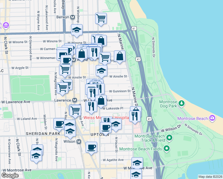map of restaurants, bars, coffee shops, grocery stores, and more near 910 West Gunnison Street in Chicago