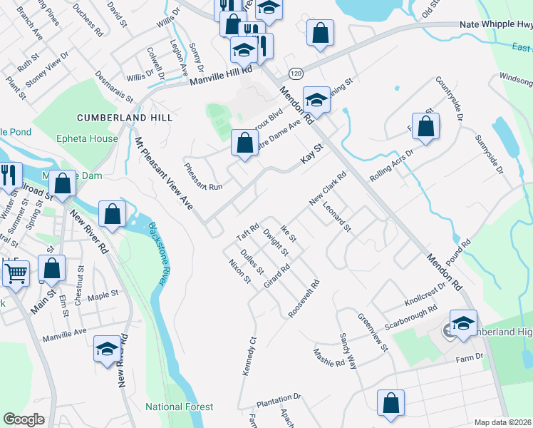 map of restaurants, bars, coffee shops, grocery stores, and more near 3 Taft Road in Cumberland