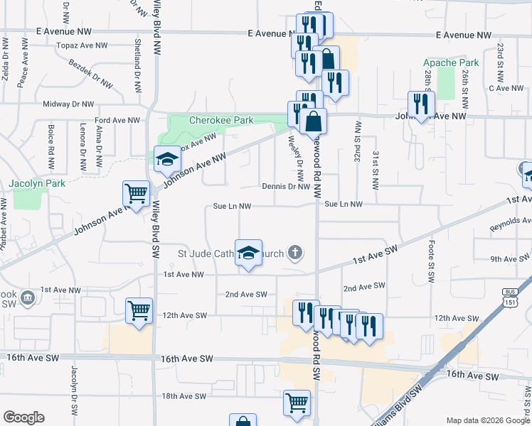 map of restaurants, bars, coffee shops, grocery stores, and more near 3611 Sue Ln NW in Cedar Rapids