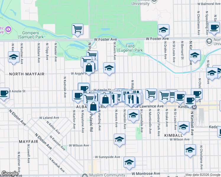 map of restaurants, bars, coffee shops, grocery stores, and more near 4856 North Avers Avenue in Chicago