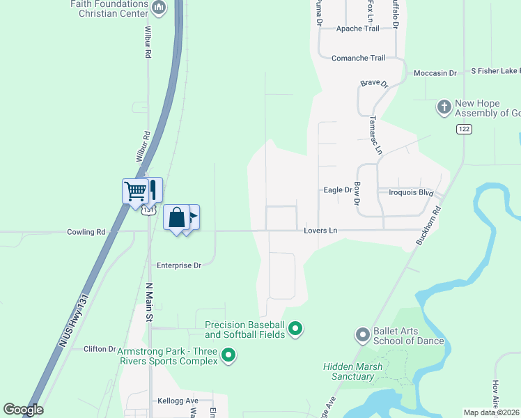 map of restaurants, bars, coffee shops, grocery stores, and more near 16890 Lovers Lane in Three Rivers