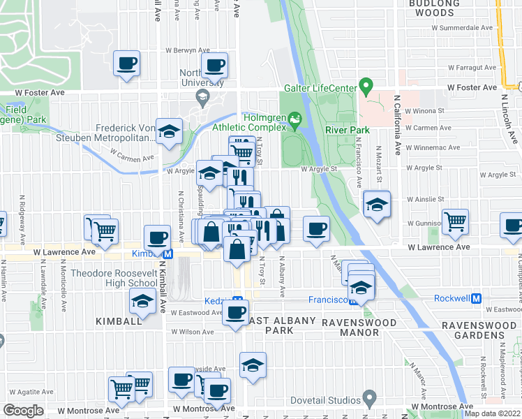 map of restaurants, bars, coffee shops, grocery stores, and more near West Ainslie Street & North Troy Street in Chicago