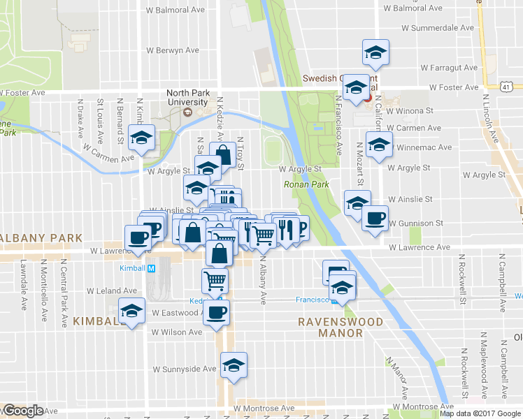 map of restaurants, bars, coffee shops, grocery stores, and more near N Albany Ave & W Ainslie St in Chicago