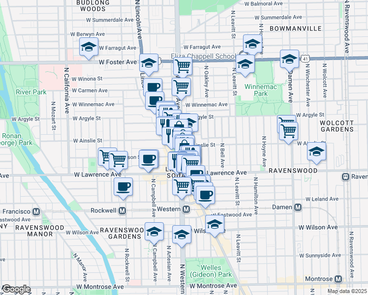 map of restaurants, bars, coffee shops, grocery stores, and more near 4841 North Western Avenue in Chicago