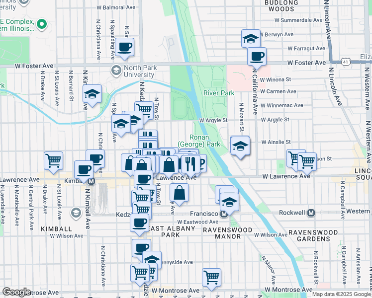 map of restaurants, bars, coffee shops, grocery stores, and more near W Ainslie St & N Whipple St in Chicago