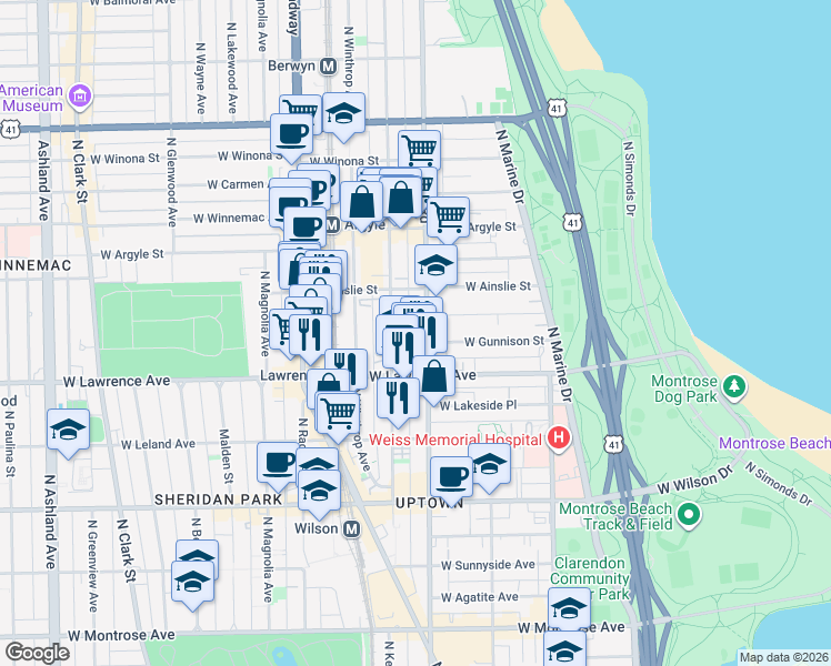map of restaurants, bars, coffee shops, grocery stores, and more near 4828 North Sheridan Road in Chicago