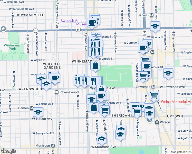map of restaurants, bars, coffee shops, grocery stores, and more near 4836 North Clark Street in Chicago