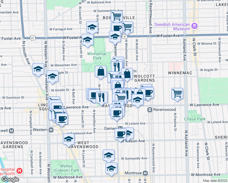 map of restaurants, bars, coffee shops, grocery stores, and more near 4842 North Damen Avenue in Chicago