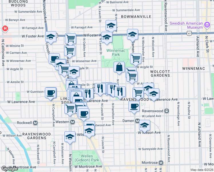 map of restaurants, bars, coffee shops, grocery stores, and more near 4841 North Leavitt Street in Chicago