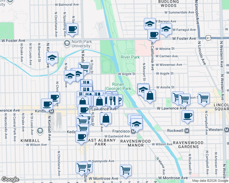 map of restaurants, bars, coffee shops, grocery stores, and more near in Chicago